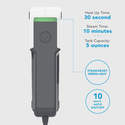Gray handheld device with green light indicator on a white background, displaying features like heat up time, steam time, tank capacity, and auto shut-off.
