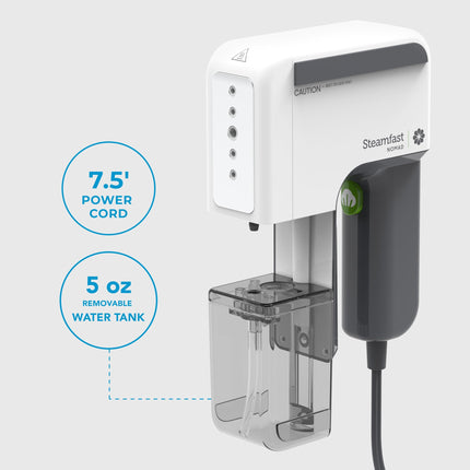 White and gray handheld device with power cord and water tank features highlighted on a light gray background.