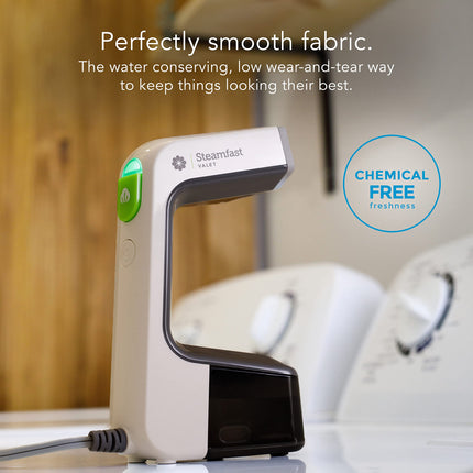 Steamfast fabric steamer with text about smooth fabric and chemical-free freshness.