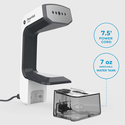Steamfast handheld steamer with power cord and water tank on a white background