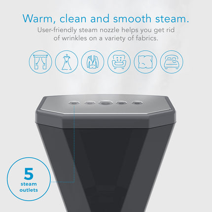 Steam nozzle with text and icons on a light gray background
