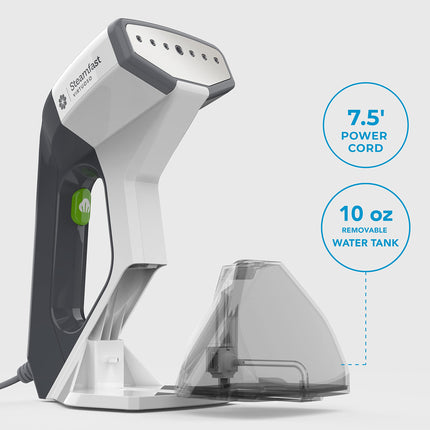 Handheld steam cleaner with power cord and water tank capacity details on a white background