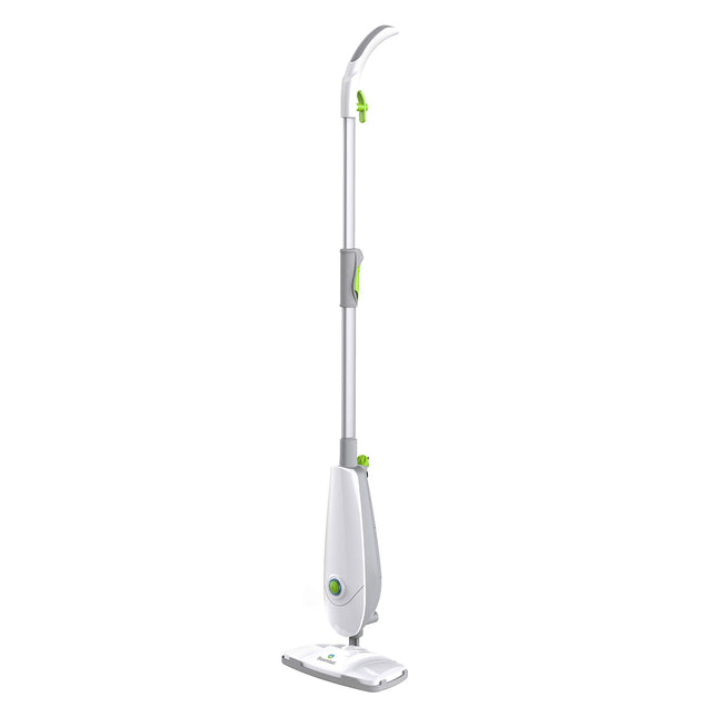 White steam cleaner with a green button on a white background