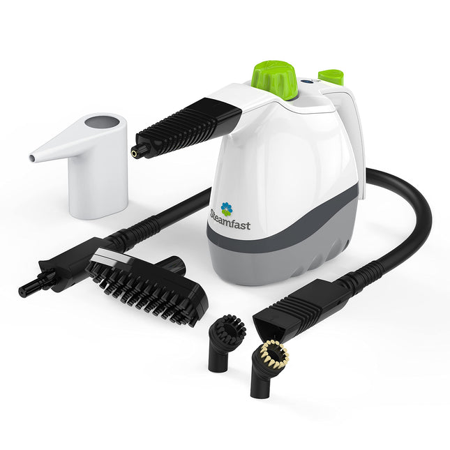 Steamfast steam cleaner with various attachments on a white background