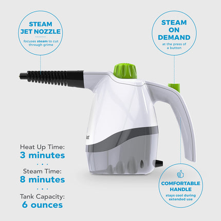 White handheld steam cleaner with green nozzle on a light gray background