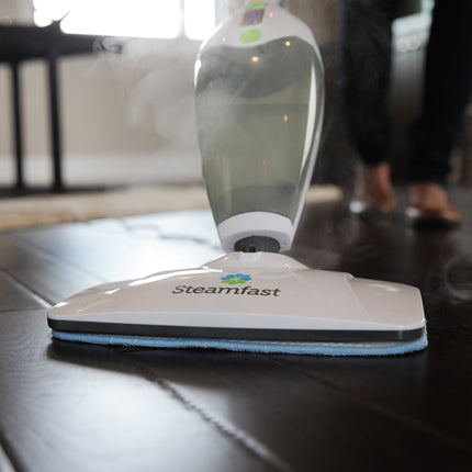 Steamfast steam cleaner on a wooden surface with a blurred background