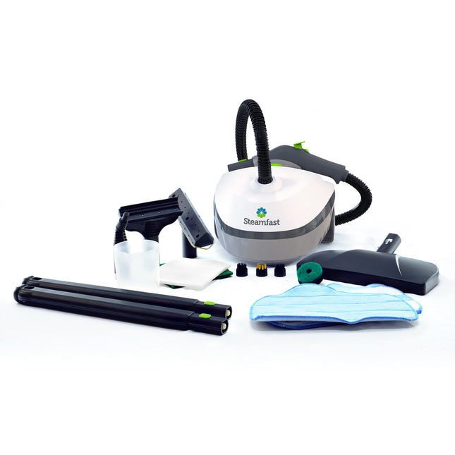 Steam cleaner with various attachments on a white background