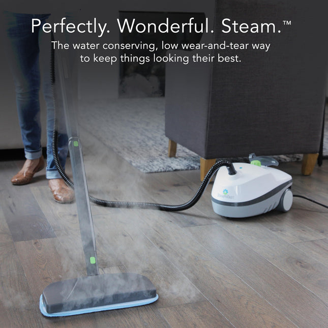 Steam cleaner on a wooden floor with text about water conservation and low wear-and-tear cleaning.