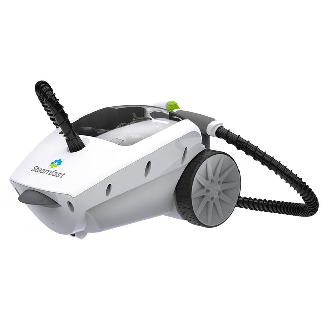 White steam cleaner with black hose and nozzle on a white background