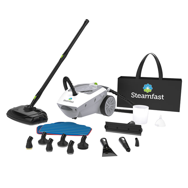 Steam cleaning device with attachments and carrying bag on a white background