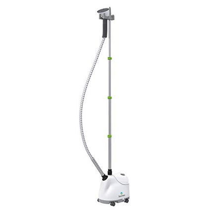 White garment steamer with a long flexible hose on a white background