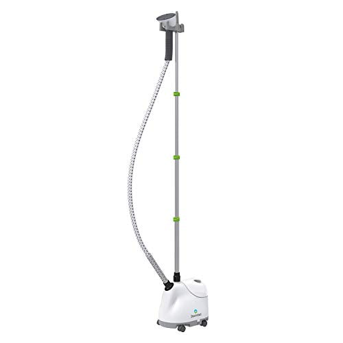 White garment steamer with a long flexible hose on a white background