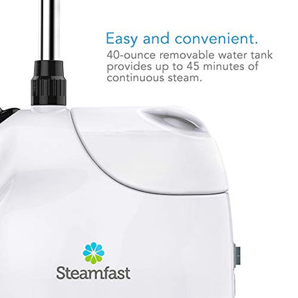 White handheld steamer with text about a 40-ounce removable water tank and Steamfast branding.