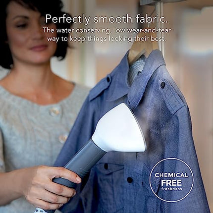 Person using a fabric steamer on a shirt with text about water conservation and chemical-free freshness.