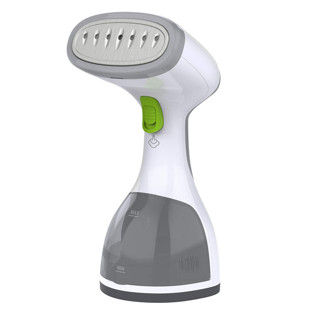 Handheld steam cleaner with gray and white design on a white background