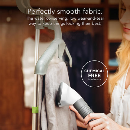 Person using a steamer on fabric with text about smooth fabric and chemical-free freshness.