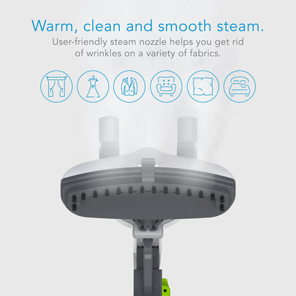 Steam nozzle with text and icons on a light gray background