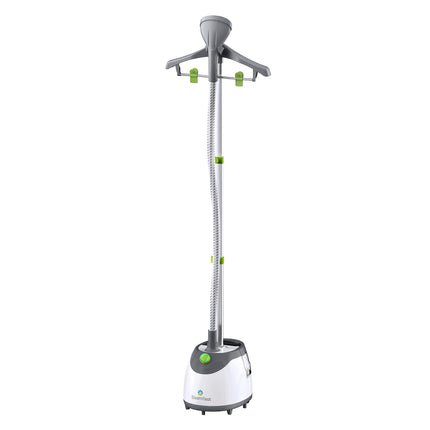 White garment steamer with gray top and green accents on a white background