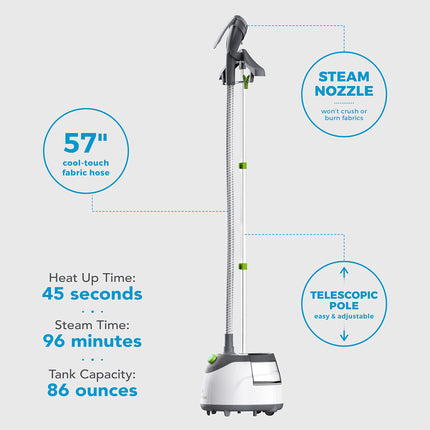 Steam cleaner with features highlighted on a white background