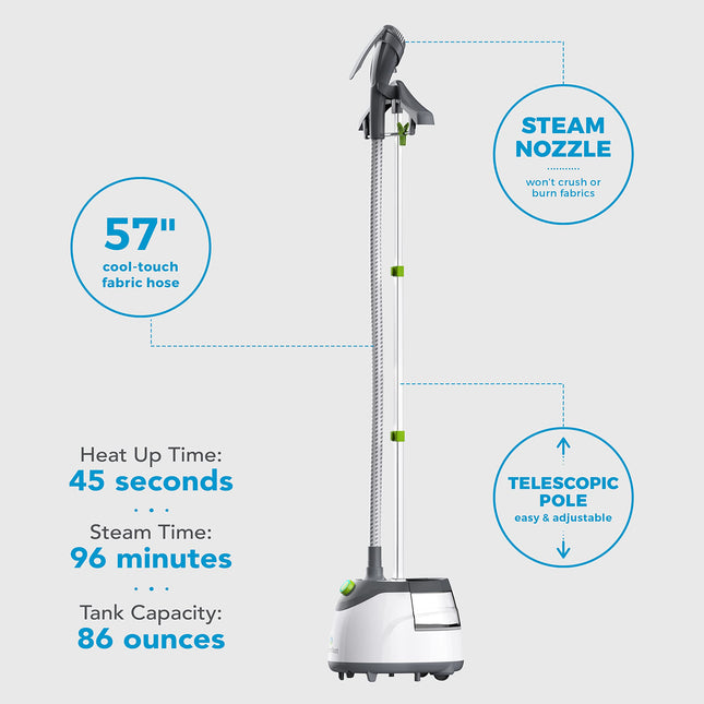 Steam cleaner with features highlighted on a white background