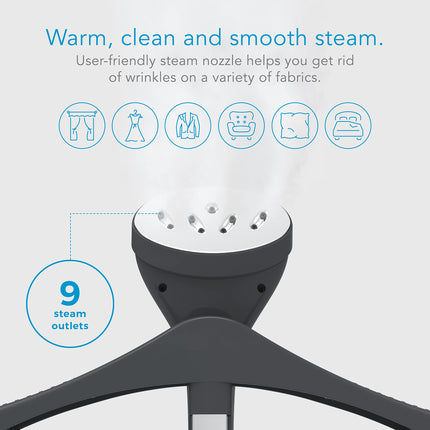 Steam nozzle with text about its features on a white background