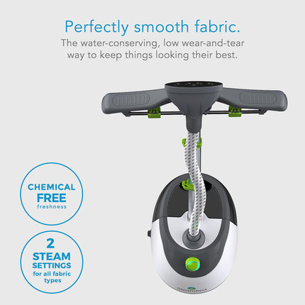 Fabric steamer with text highlighting features on a light gray background