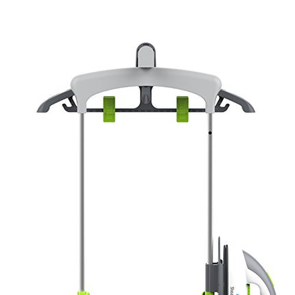 Gray and green hanger with multiple hooks on a white background