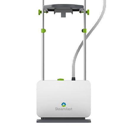 White steam cleaner with gray top and green accents on a white background, featuring the Steamfast logo.