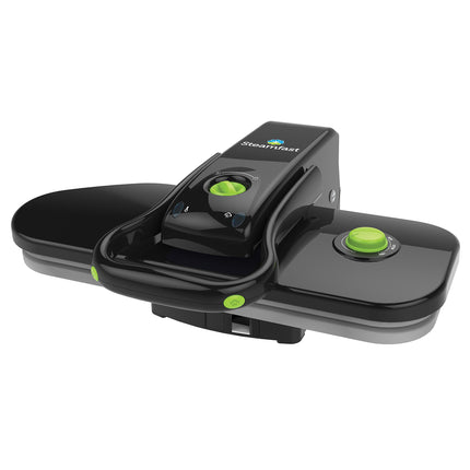 Black and gray steam press with green buttons on a white background