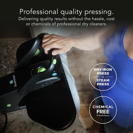 Person using a steam iron on a garment with text highlighting professional quality pressing, chemical-free freshness, and dry iron press options.