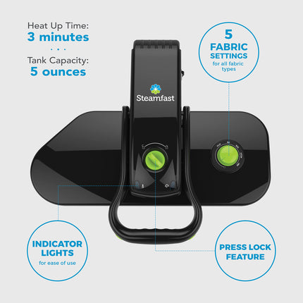 Black steam press with green buttons and Steamfast branding on a white background