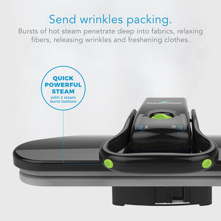 Steam press with text about wrinkle removal on a white background