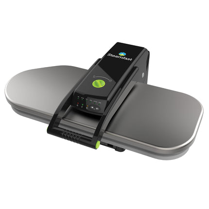 Gray steam press with digital display on a white background