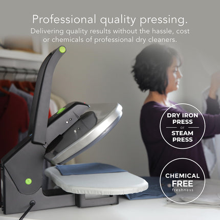 Dry iron press with text highlighting professional quality pressing, chemical-free freshness, and ease of use.