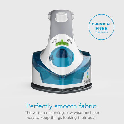 Steam iron with 'Chemical Free' and 'Perfectly smooth fabric' text on a light gray background