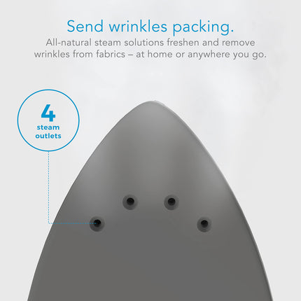 Gray iron with steam outlets and text about all-natural steam solutions on a light gray background