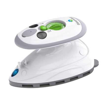 White handheld steamer with control panel on a white background