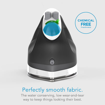 Fabric steamer with 'Chemical Free' and 'Perfectly smooth fabric' text on a light gray background