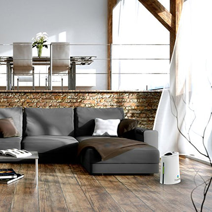 Modern living room with gray sectional sofa, wooden floor, and brick wall.