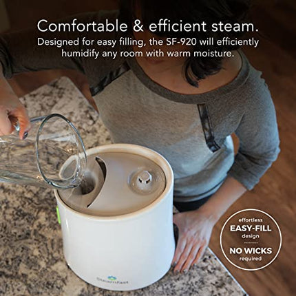 Person filling a humidifier with water on a countertop, with text highlighting its features.
