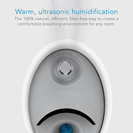 Ultrasonic humidifier with text about warm ultrasonic humidification on a white background