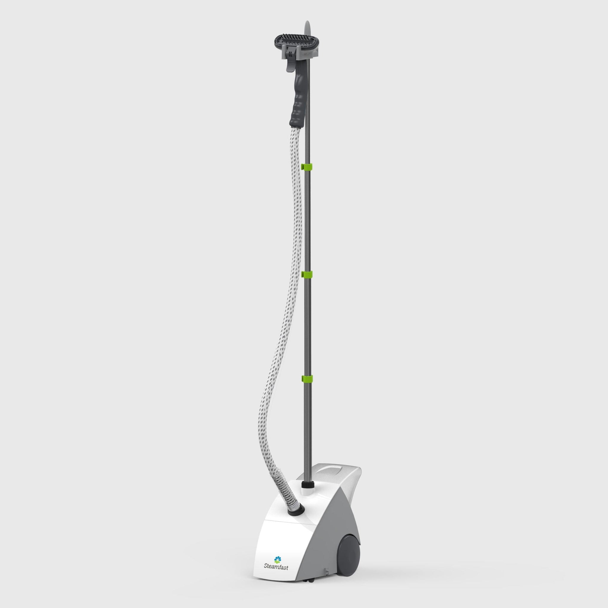 White garment steamer with a long hose on a light gray background