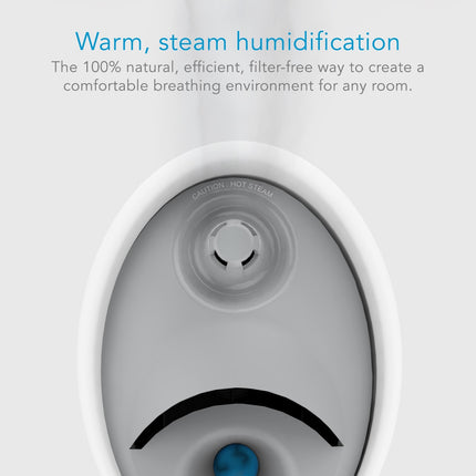 White humidifier with text about warm steam humidification on a light gray background