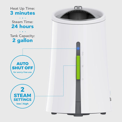 White humidifier with features highlighted on a light gray background
