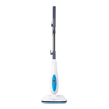 White and blue steam cleaner on a white background