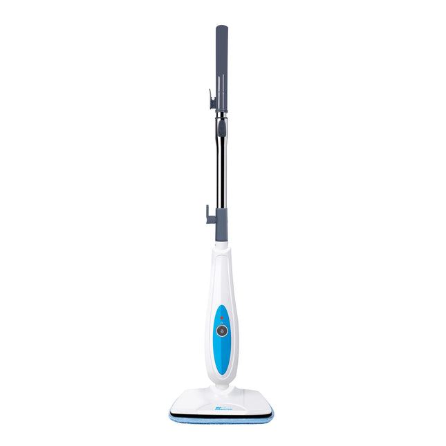 White and blue steam cleaner on a white background