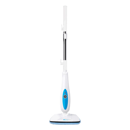 White and blue handheld steam cleaner on a white background