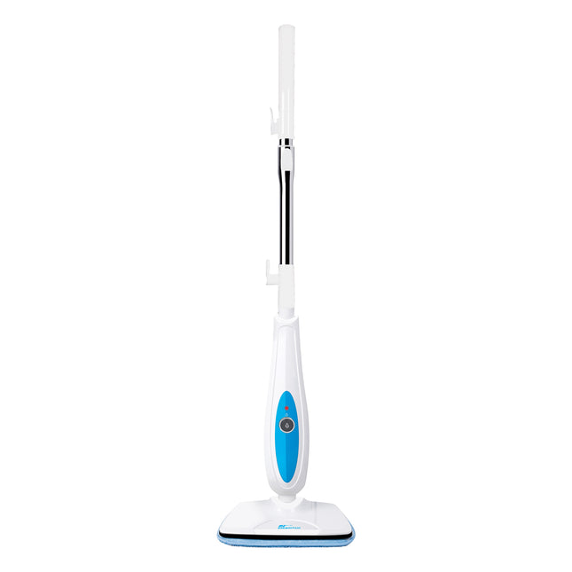 White and blue handheld steam cleaner on a white background