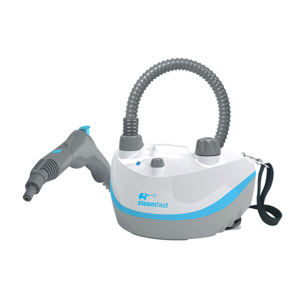 Gray and blue SteamFast steamer on a white background