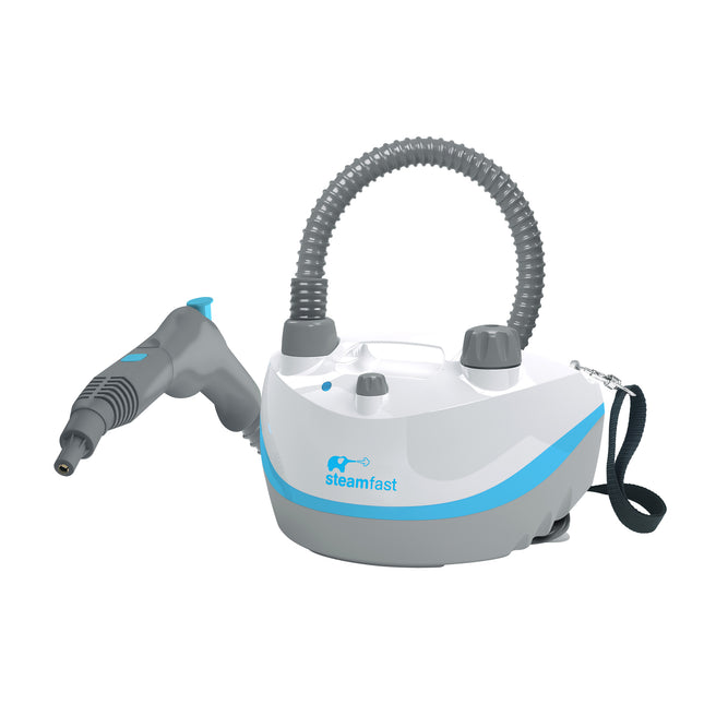 Gray and blue SteamFast steamer on a white background